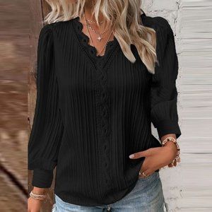 Black Long-sleeved V-neck Lace Stitching Women's Casual Shirt
